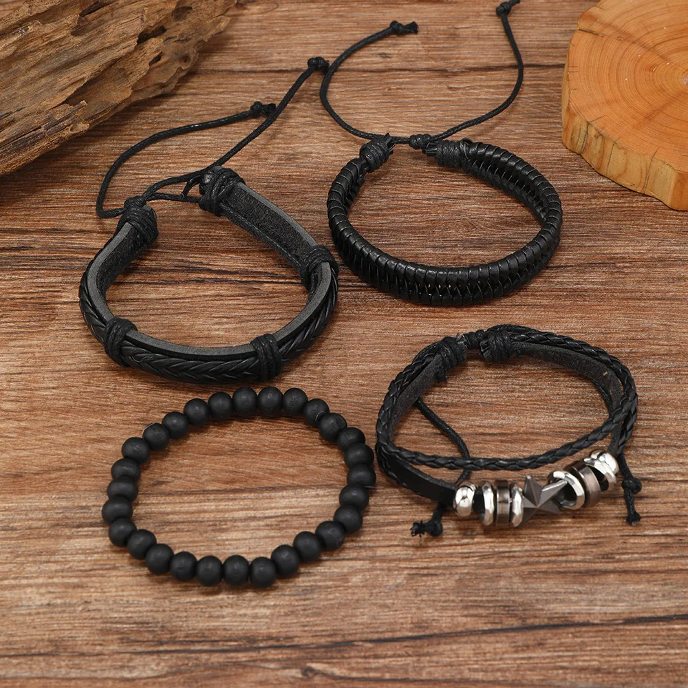 Trendy Black Men's Minimalist Bracelet Alloy Five Pointed Star Beaded Leather Bracelet Combination Set Of Four Party Accessories image 5