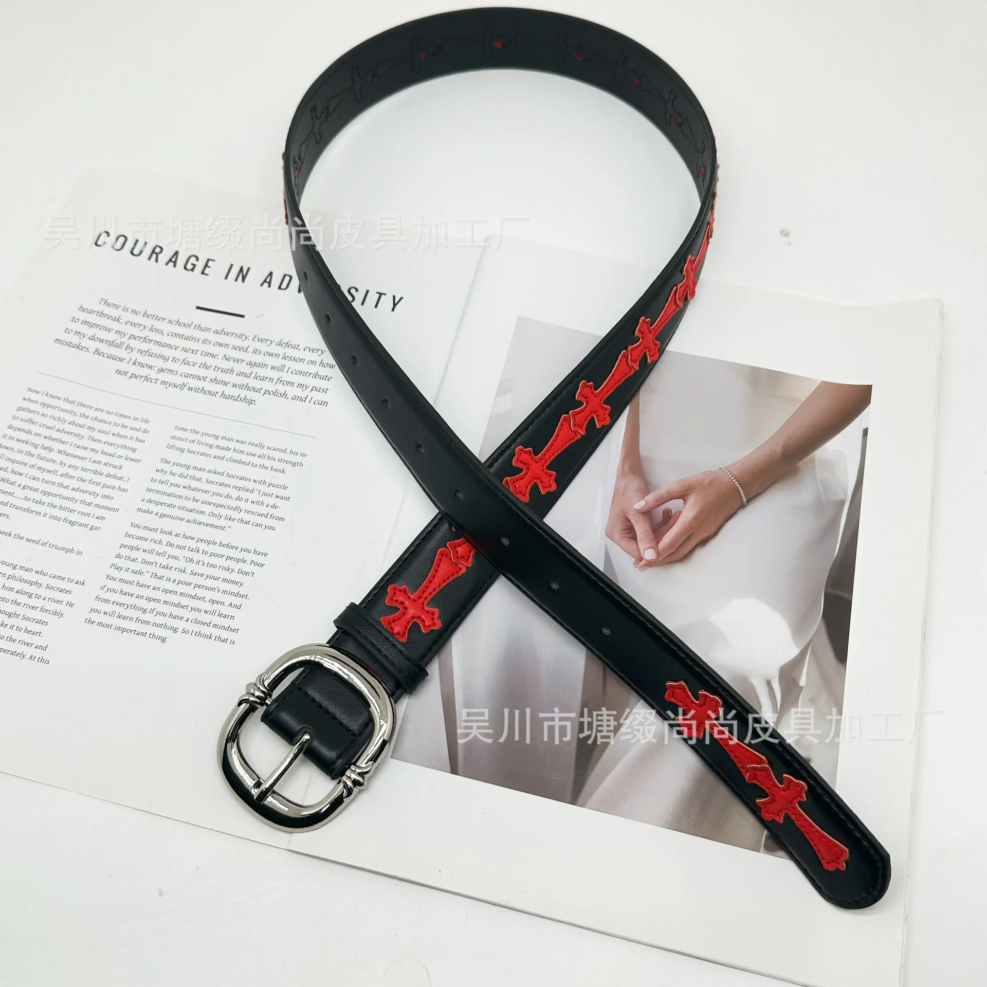 Cro CH Needle Buckle Belt for Men and Women with Hollow Red Patchwork Cross Vine Belt Star Style Retro Classic