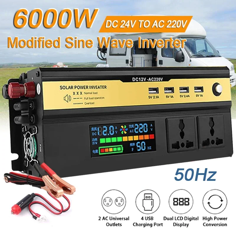 3000W-6000W Car Power Inverter DC 12V/24V To AC 220V Transformer with 4 USB Universal Socket Charger Modified Sine Wave Inverter