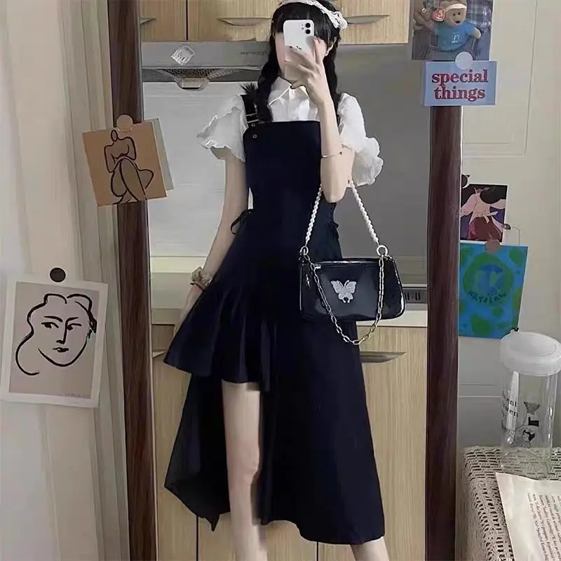 Korean College Wind Irregular Suspender Dress Women Summer 2024 New Fashion Sweet Design Sense Waist Slim Skirt With Strap Suit