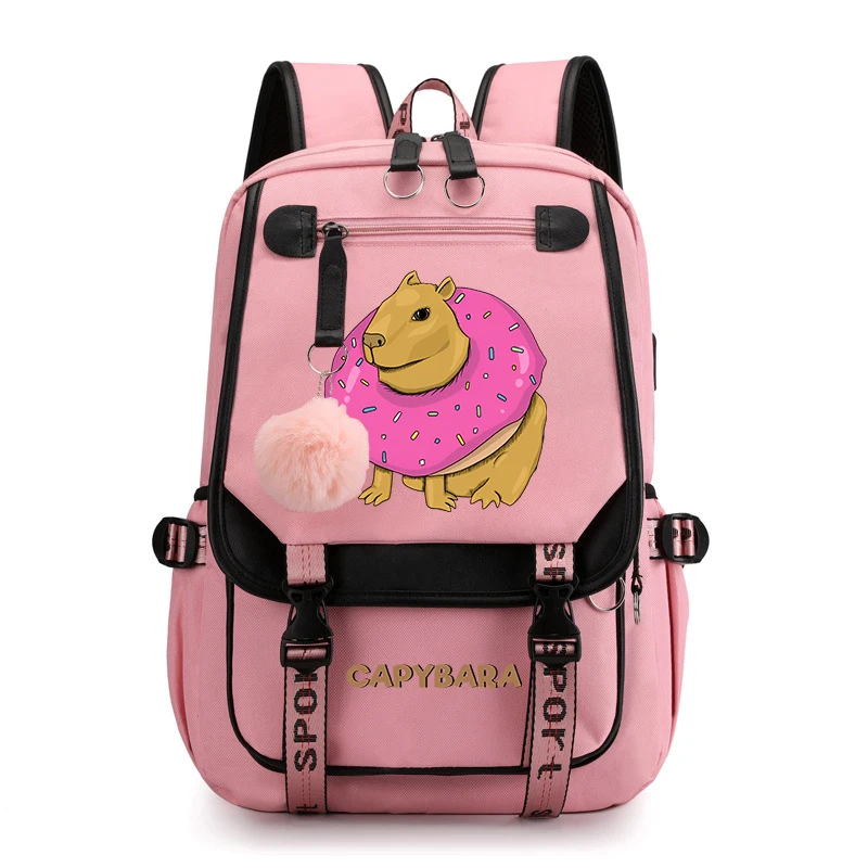 Mochila escolar con estampado de Animal Capybara para niñas, bolsa de viaje USB, rosa, regalo para niños