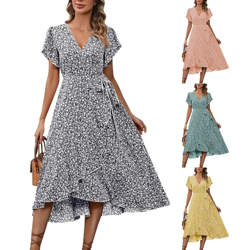 Imagen 2 del producto Vestido elegante transpirable de verano para mujer, vestido de estilo sofisticado con cuello en V, estampado Floral, ropa de calle para vacaciones, vestido de manga corta