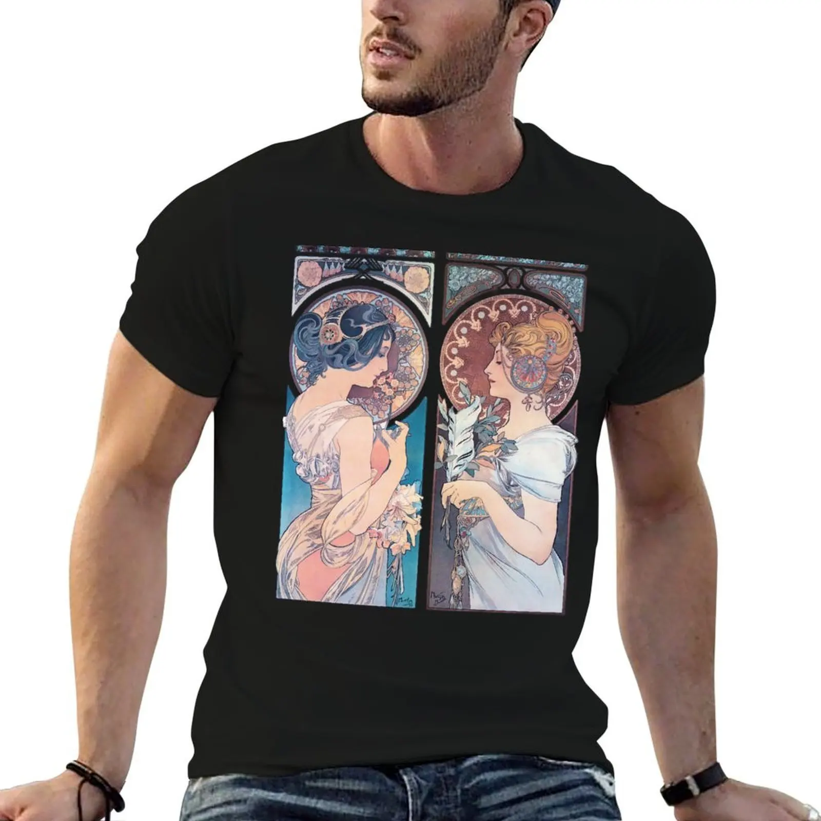 La Primevere and La Plume Alphonse Mucha T-Shirt Casual Pattern Print Tee Shirt