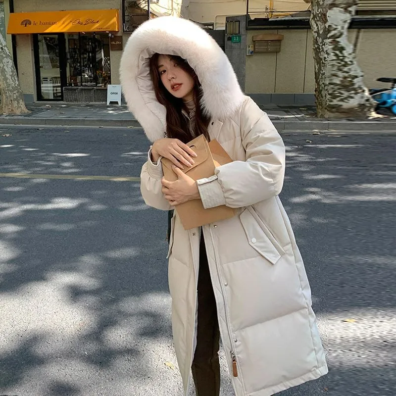 

2023 New Women Down Cotton Coat Winter Jacket Female Mid Length Version Parkas Thick Warm Outwear Hooded Fur Collar Overcoat