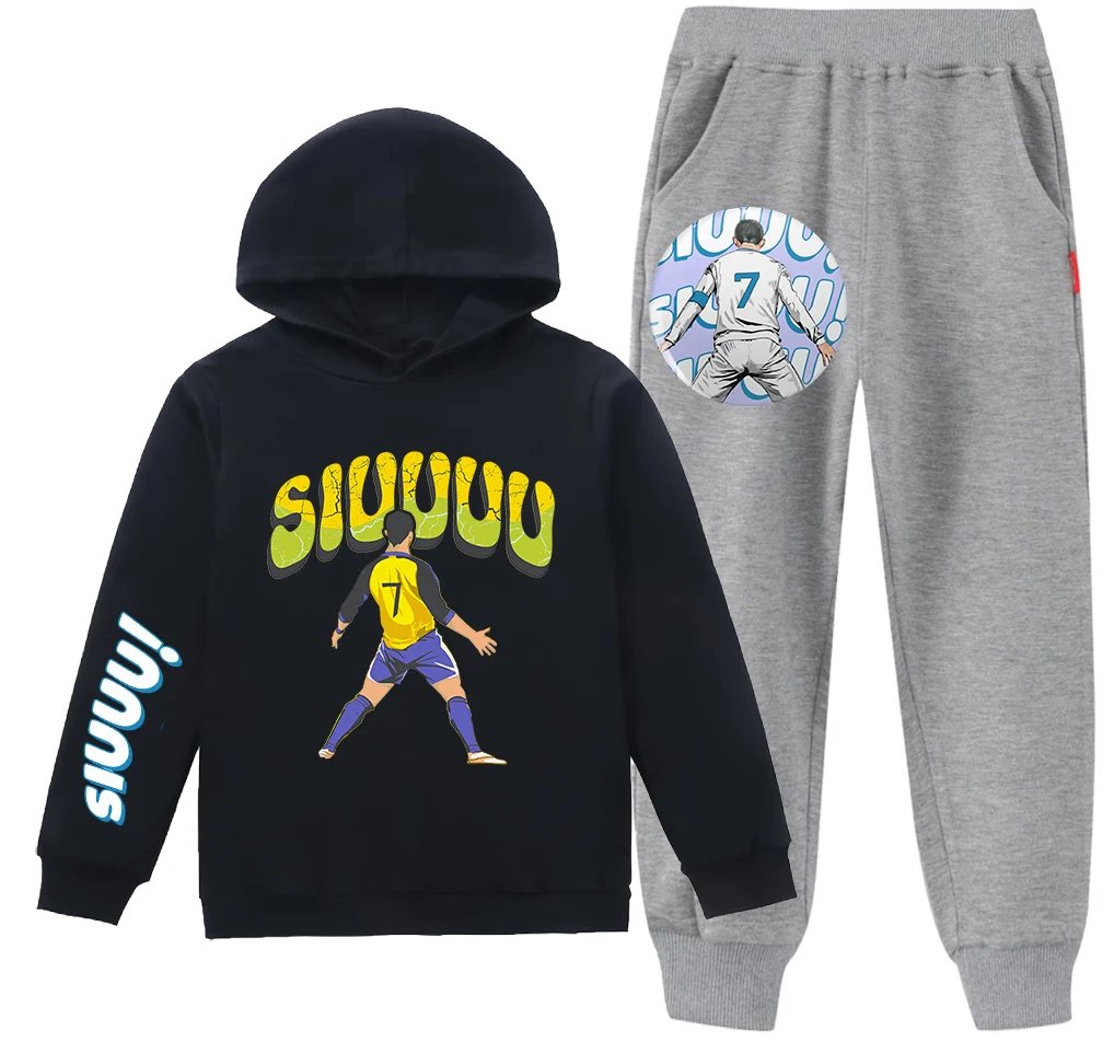 Kinder Hoodie Set Sweatshirt Hosen Sport 2-teiliges Set für Jungen und Mädchen Siuuu CR7S Bedruckt Wish Asha Kinder Kleidung Kleidung