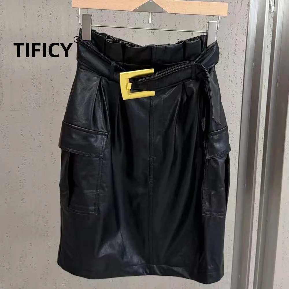 High Street Autumn and Winter Black Workwear Leather Skirt Women's Gold Buckle Waist Belt Waist Cinching Multi Pocket Skirt