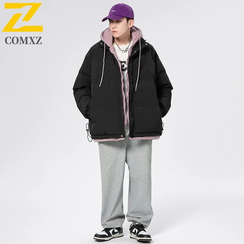 COMXZ Padding Coat Fake Two Piece Design Hood Camping Windproof Parka Loose Thickened Cold Protection Autumn Winter Trench Coat