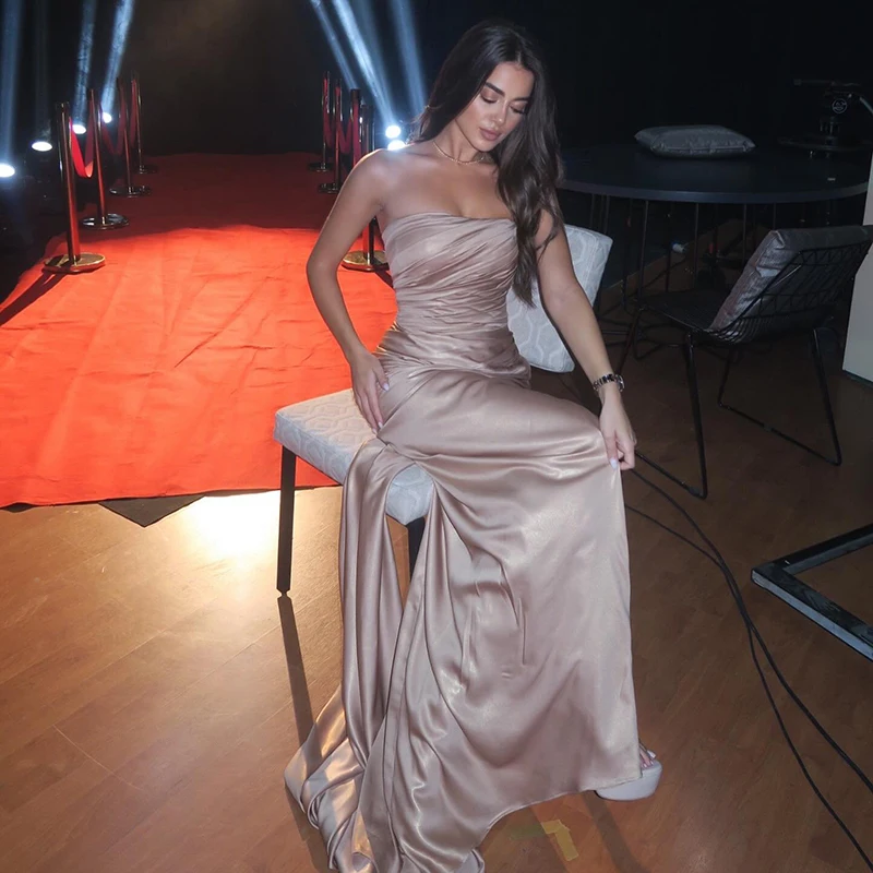 

Thinyfull 2026 Maxi Mermaid Prom Evening Dresses Strapless Floor Length Satin Party Dress Formal Cocktail Prom Gowns Customized