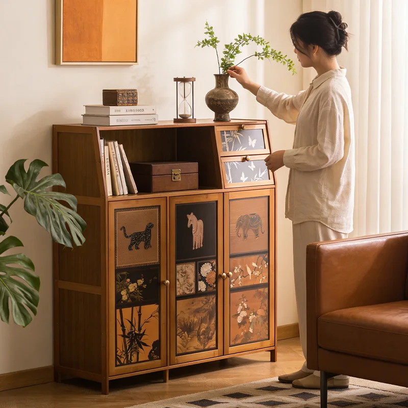 Solid wood bookcase Dust-proof storage cabinet Bookshelf Home living room Floor shelf Multi-layer