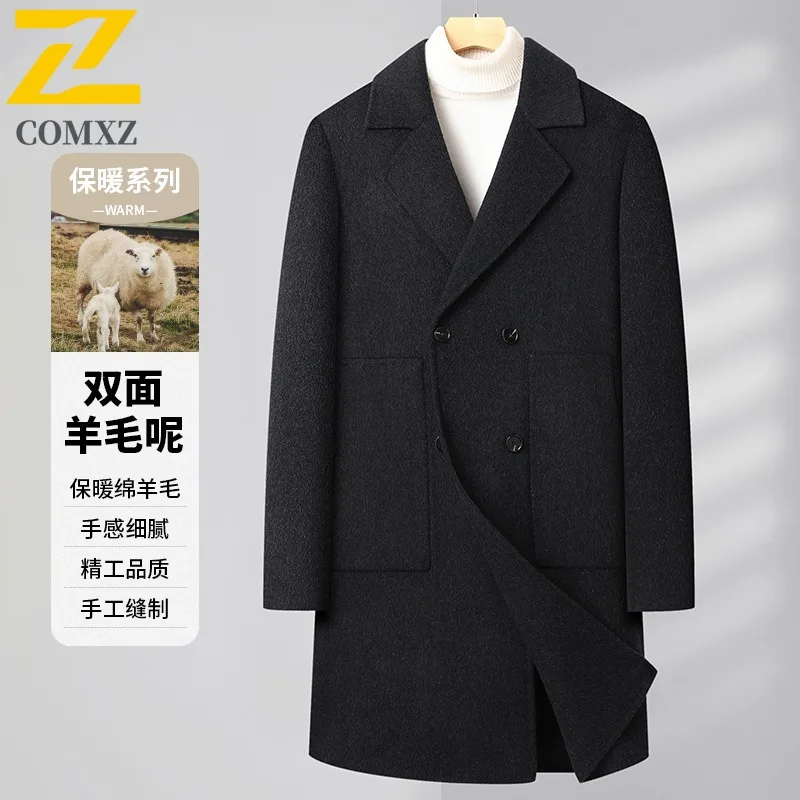 COMXZ Men Wool Blend Overcoat 2025 Trendy Travel Mid Length Cashmere Coat  Autumn Winter Thickened Warm Casual Trenchcoat