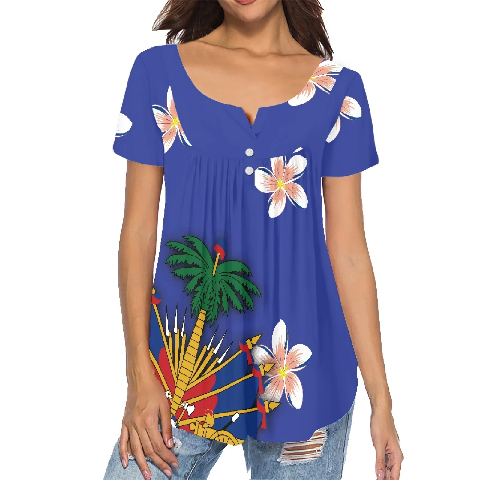 

2023 Summer Best Selling Polynesian Island Design Pleated Buckle Lady Top Breathable Sexy and Charming Summer Short-Sleeve Tie