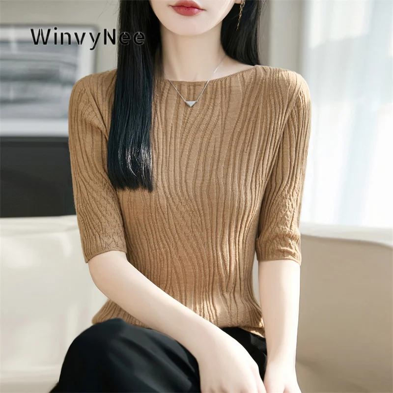 

WinvyNee Women's High Quality Pure Wool Fashion Solid Slim Wave Boat Neck Half Sleeve Chic Comfortable Knit Clothing ZA1227022