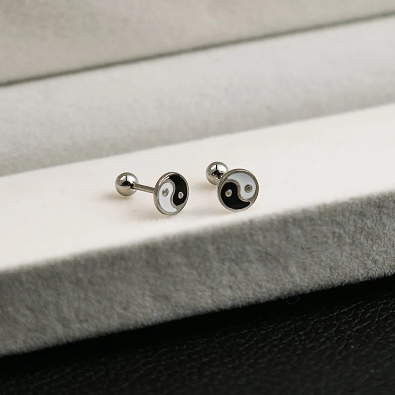 Black Drop Oil Stainless Steel Mini Stud Earrings for Women Girls Fashion Simple Cross Tai Chi Heart Butterfly Earring Jewelry