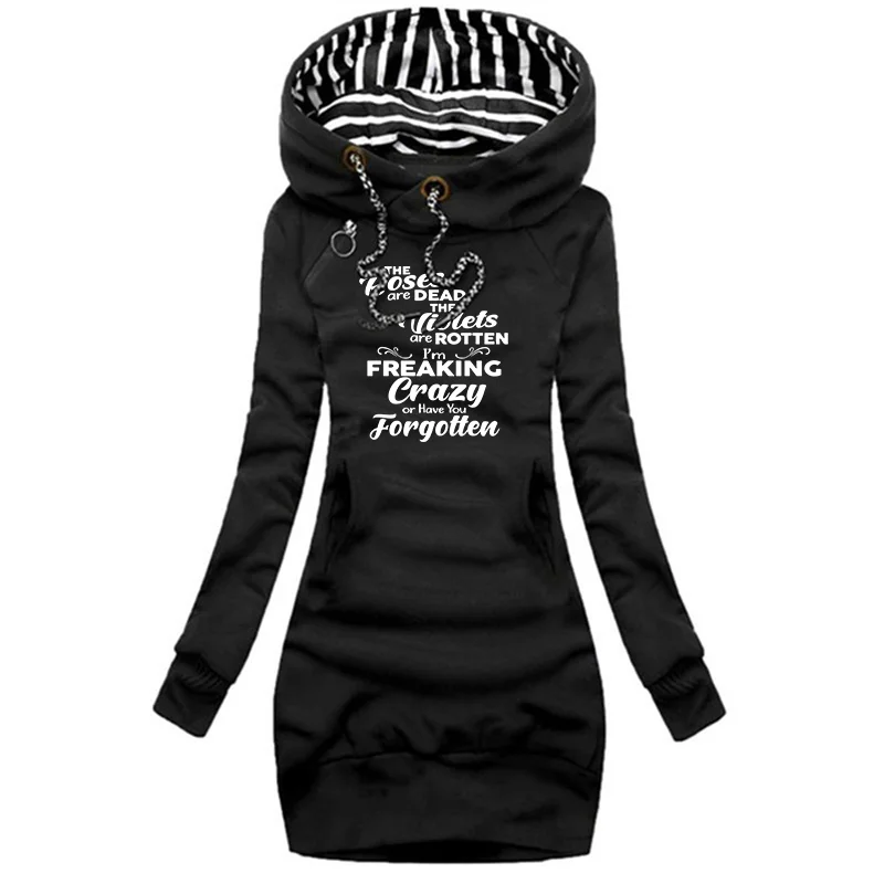 The Roses Are Dead The Violets Are Rotten I'm Freaking テキストプリント 秋冬 フード付きドレス レディースドレス