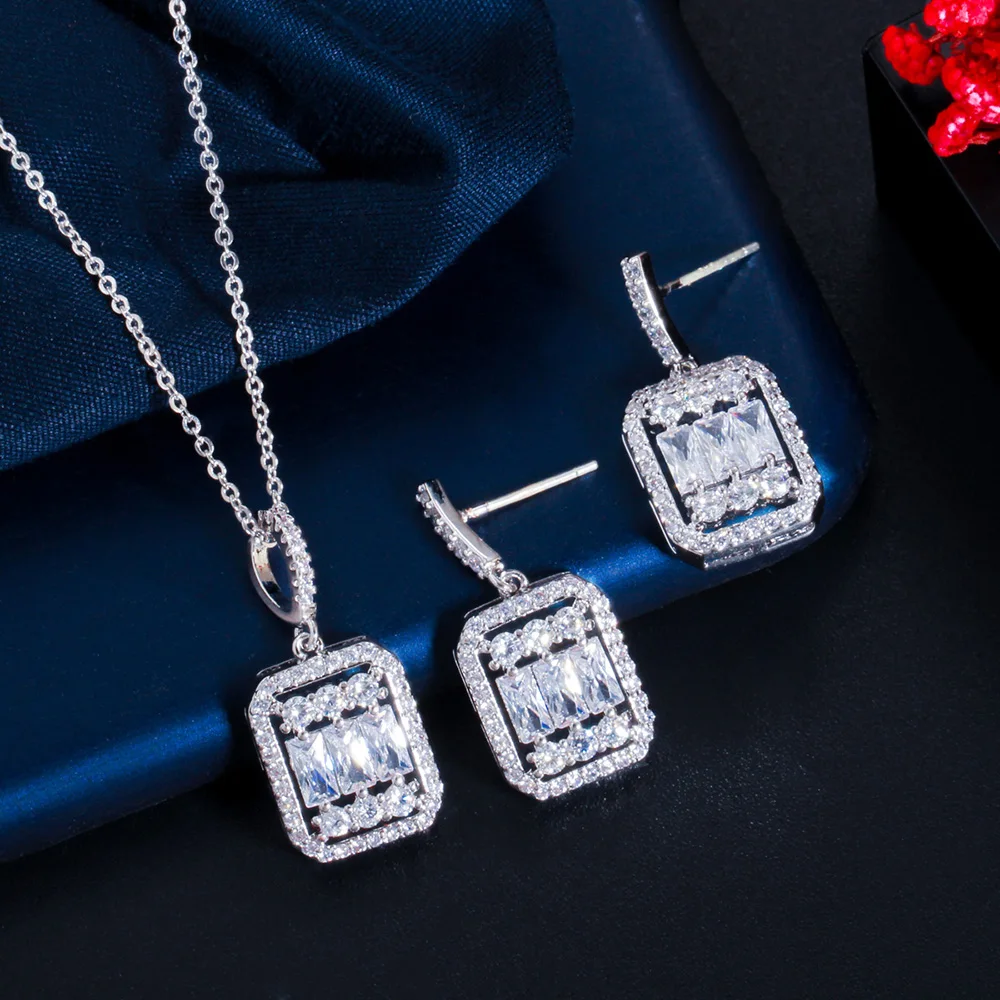 ThreeGraces Fashion Shiny Baguette Cubic Zirconia Engagement Party Pendant Necklace and Earrings Jewelry Set for Women T0152