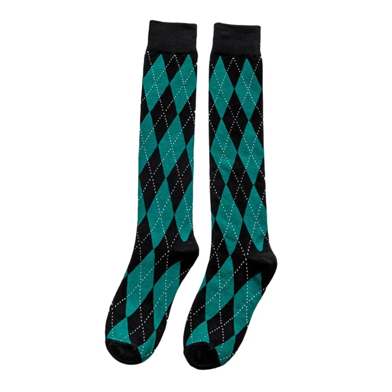 Preppy Style Women Knee High Socks College Vintage Multicolor Argyle Diamond Plaid Print Uniform Cotton Calf Stockings