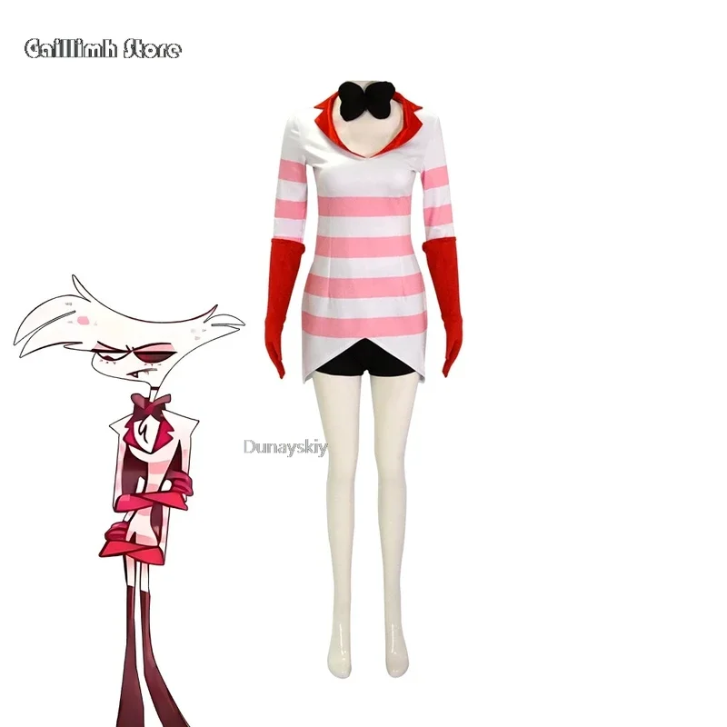 Hazbin Anime Hotel Cosplay Costume pour femme, uniforme de vêtements, anti-poussière d'ange, robe sexy, rouge et blanc, rayure, fête d'Halloween