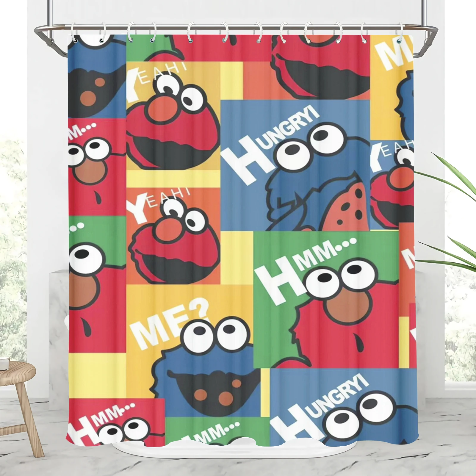 Sesame Street Cartoon Shower Curtain, Polyester Full Screen Sets, Luxury Funny Cute Bathroom Accessories, Hook Up