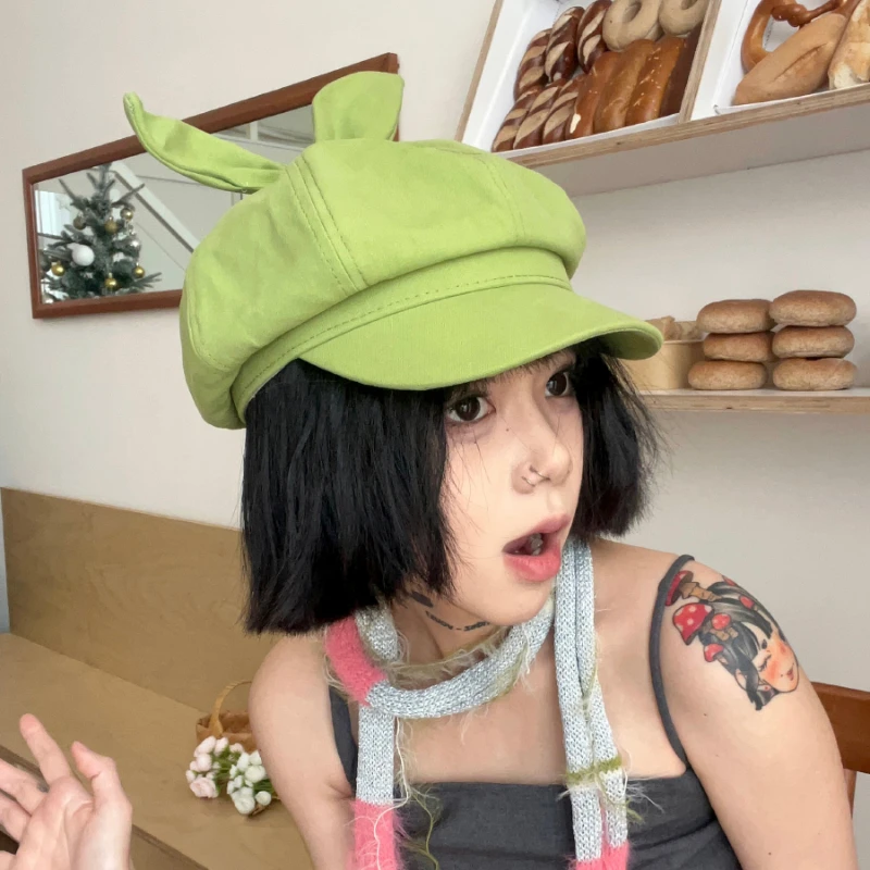 Cute Bow Ears Berets for Women Spring Summer Travel Sunscreen Korean Version Y2k Sweet Cool Girl Retro Octagonal Painter Hats