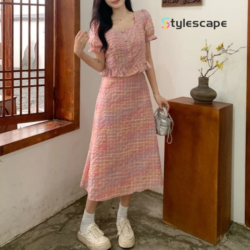 Large Size Temperament Small Fragrant Grid Skirt Set French Pink Half Skirt Women's Summer Fashion Two Piece Set for Woman