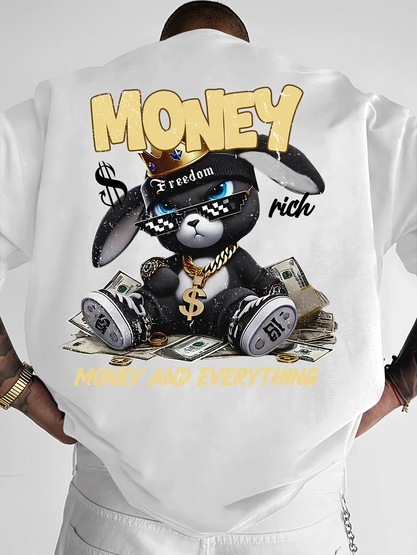 Parent-Child Matching Money Bunny Print T-Shirt Hip Hop Streetwear Crew Neck Short Sleeve Casual Summer Tee for Kids & Adults
