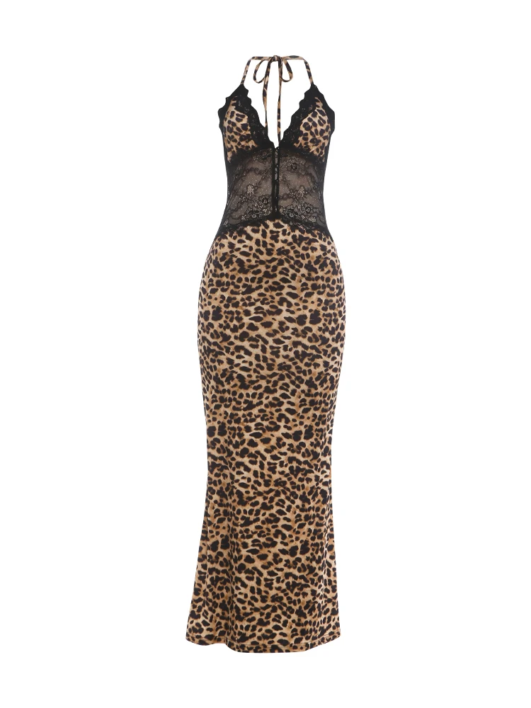 Weird Puss Spitzen-Patchwork-Kleid für Damen, Leopardenmuster, rückenfrei, Neckholder, Bandagen, ärmellos, sexy, für Partys, Streetwear, Maxi, figurbetont – Detail 2