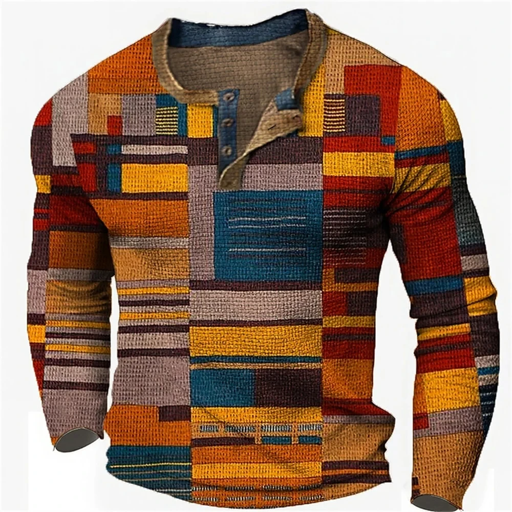 New Color Block Patchwork 3D Printed Henley Shirts Men\'s Fashion Vintage Button-Down Long Sleeve T Shirt Man Tees Tops Clothing