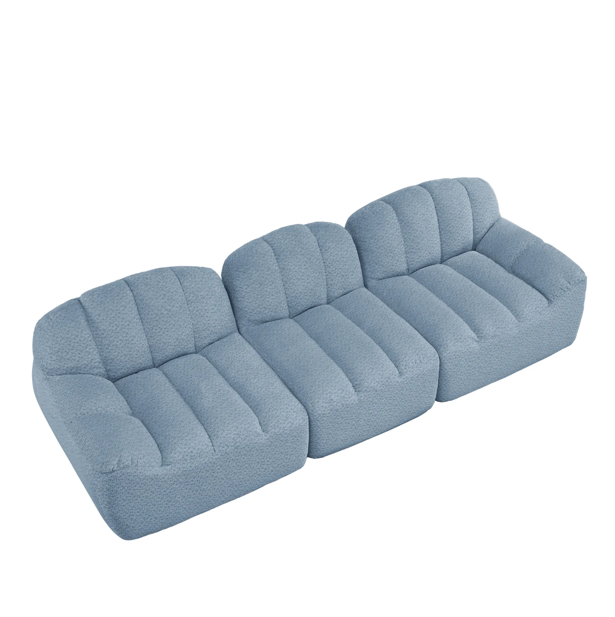 Canapé modulaire 3 places avec mousse haute densité 32D, tissu doux bleu, design sans cadre pour salon