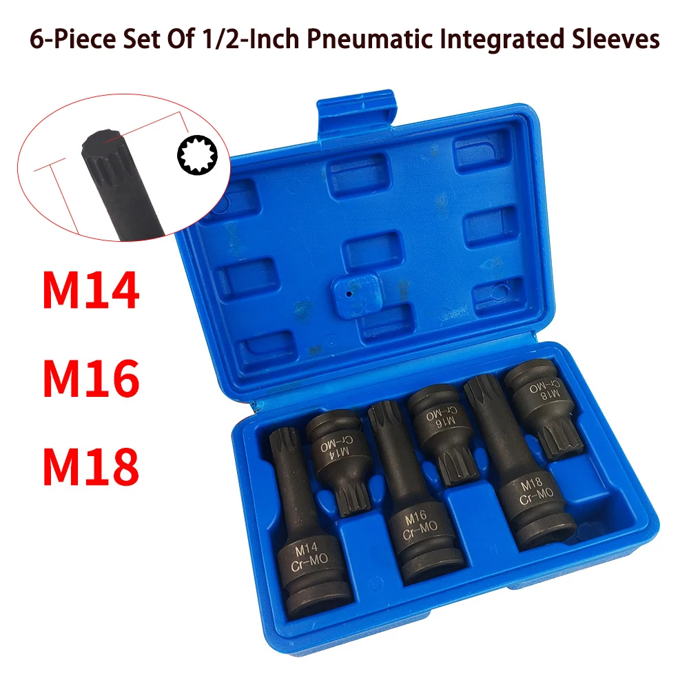 6 sztuk 1/2 "Spline Socket M14-16-18 Square to 12 Point Cr-Mo Impact Socket Bits Set do naprawy miski olejowej samochodowej Narzędzia ręczne