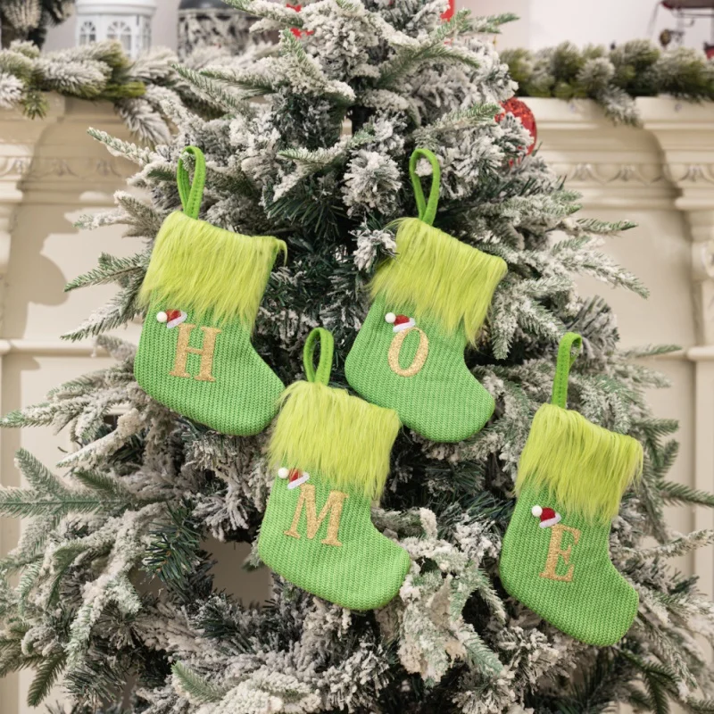 Christmas Stockings Green Knitted with Plush Cuff Embroidered Letter Xmas Stockings Classic for Home Decor Family Holiday Tree