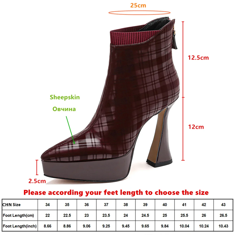 MILI-MIYA Fashion Pointed Toe Women Dark Checkered Pattern Sheep Skin Ankle Boots Super High Thick Heels Big Size 34-40 Handmade