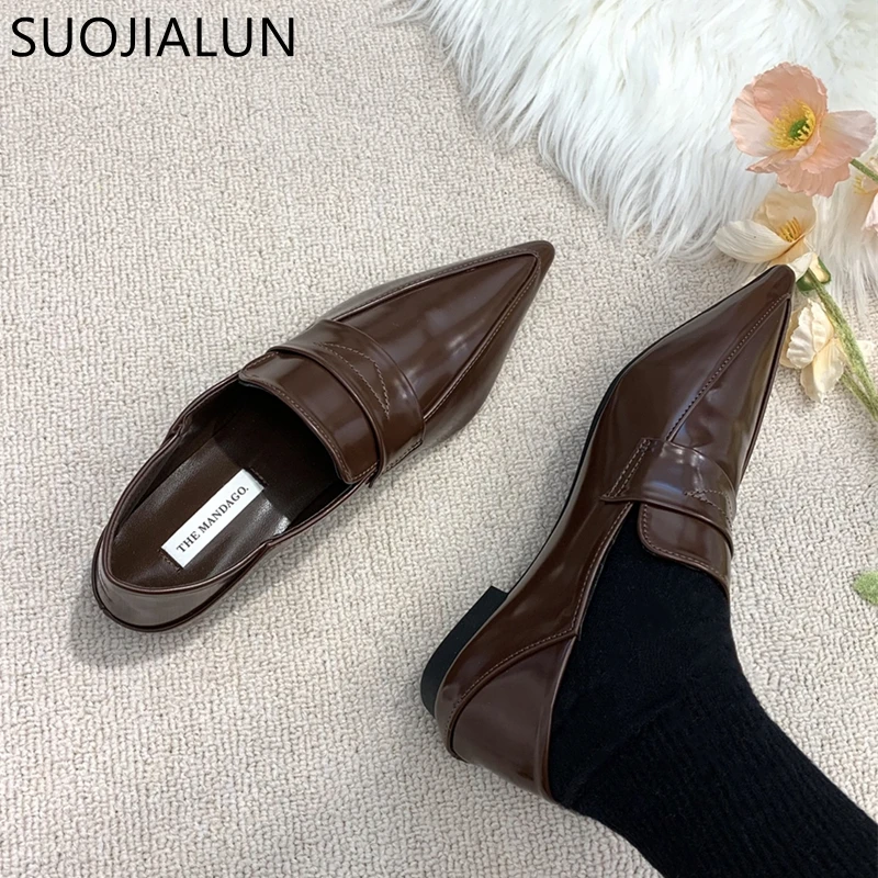 SUOJIALUN 2023 Autumn Women Flat Shoes Fashion Pointed Toe Slip On Ladies Laofer Shoes Soft Sole Flat Heel Casual Ballerinas Sho