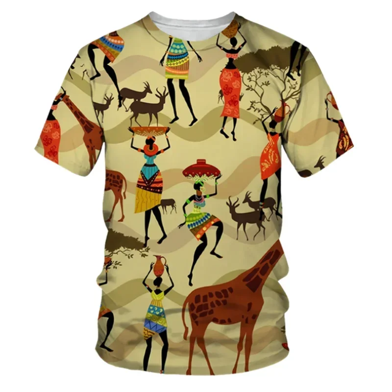 Summer Men's T-shirt Retro Trend African Dance Pattern T Shirts For Men Short Sleeve Comfortable Crew Neck Loose Tee Top Clothes