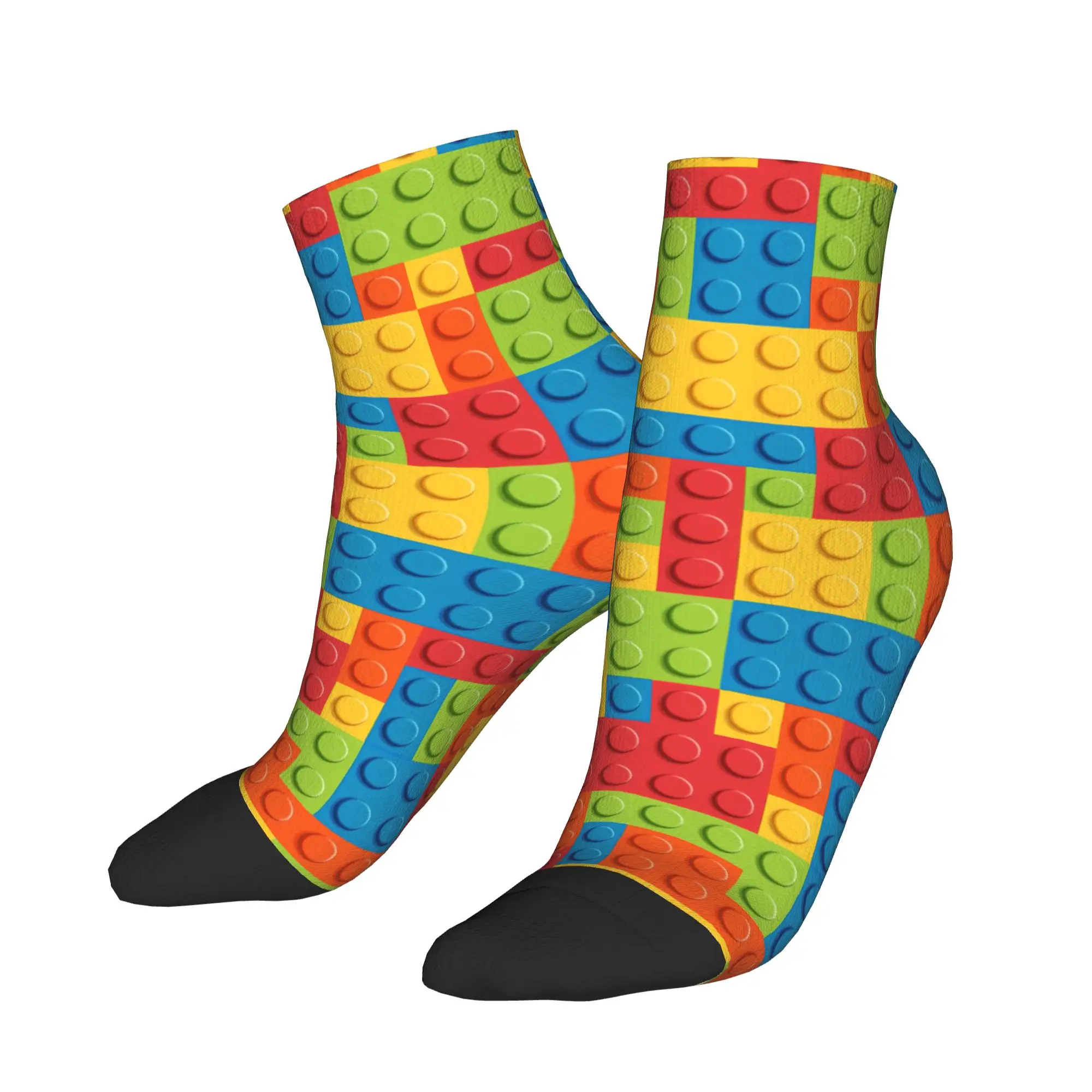 Women Men Socks Neon Multicolor Building Blocks Pattern Fashion Soft Breathable Ankle Sock Summer Design Climbing Non-Slip Socks