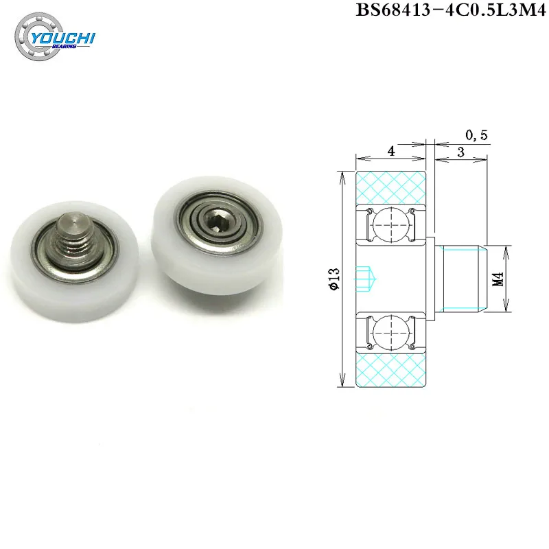 

10pcs OD 13 mm Miniature Plastic Coated Bearings With M4 Screw BS68413-4C0.5L3M4 13x4 POM Packaging Machinery Guide Wheels