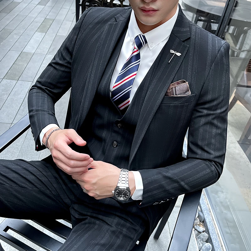 

Men's High-Quality Three-Piece Suit Set Fashionable Business Fitted Checked Evening Dress 2025 Stylish Trend