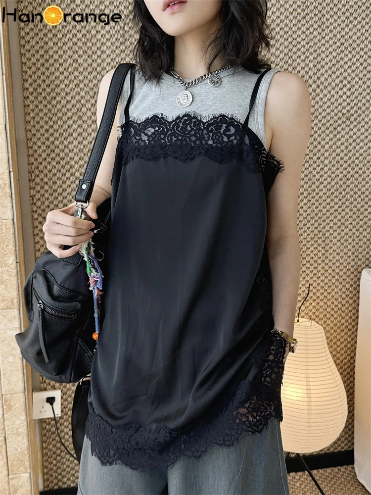

HanOrange 2026 Spring Summer Romantic Lace Crochet Camisole Women Delicate Top White/Black/Brown