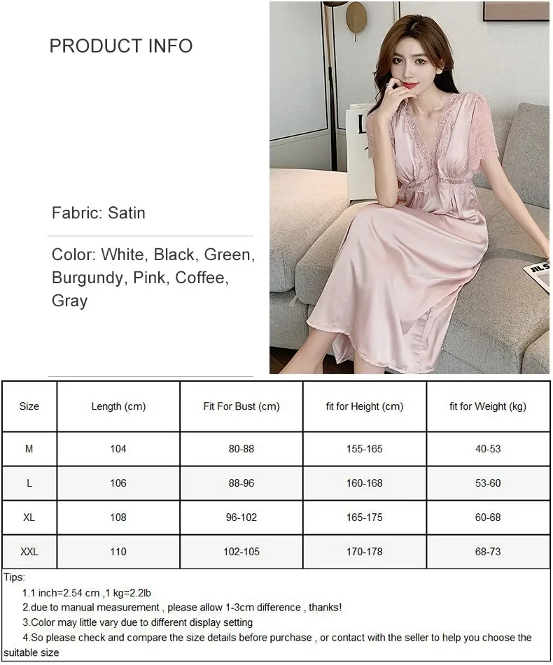 Summer New Sexy Nightgown Satin Long Sleep Dress For Women Lace Patchwork Nightdress Intimate Lingerie Loose Sleepwear Homewear