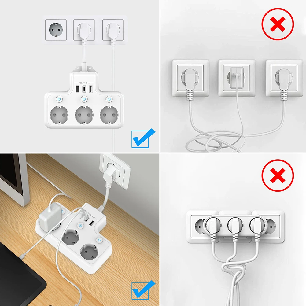 

Power Strip 3-Way Cord Socket Multiple Socket Travel Max 4000W Surge Protector Multi -Plug Wall Socket For Office Home