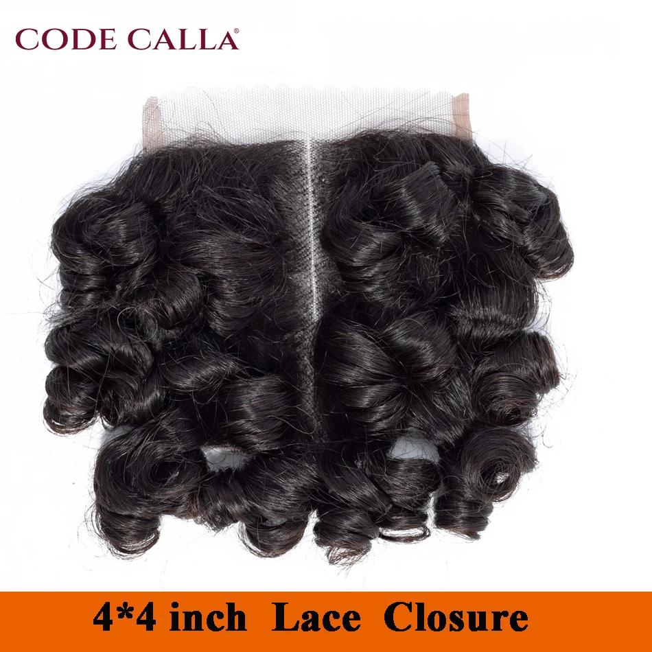 Indian Short Bouncy Curly Hair Bundles with Closure Remy Human Hair Extensions Code Calla 4x4 Lace Closure Middle Part