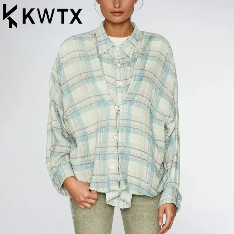 

KWTX Women’s 2025 Spring Summer Casual Checkered Shirt Jacket Color Block Oversized Single Breasted Pocket Chic Elegant Luxury