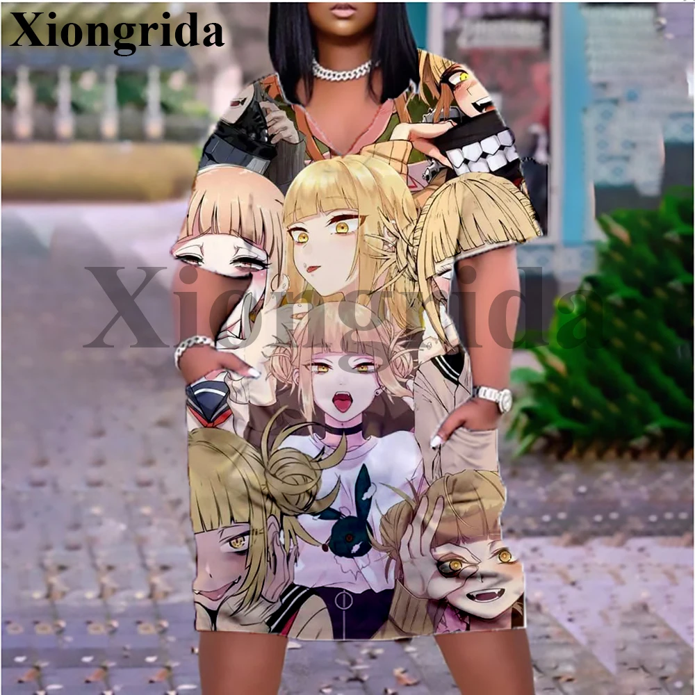 Cute Himiko Toga Graphic Printed Dress Women Anime Himiko Toga Short Sleeve T-Shirts Dress Kawaii Tees with Pockets Top