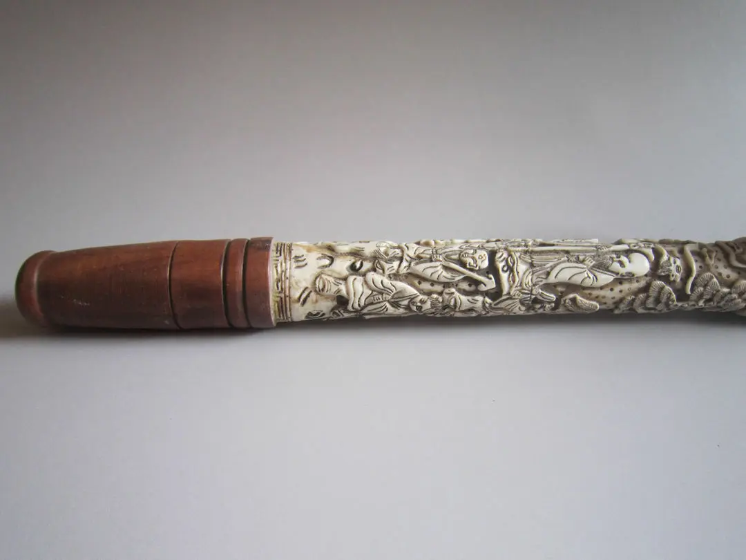 Collectibles Decorated Chinese handwork Carved Dragon old long smoking pipe