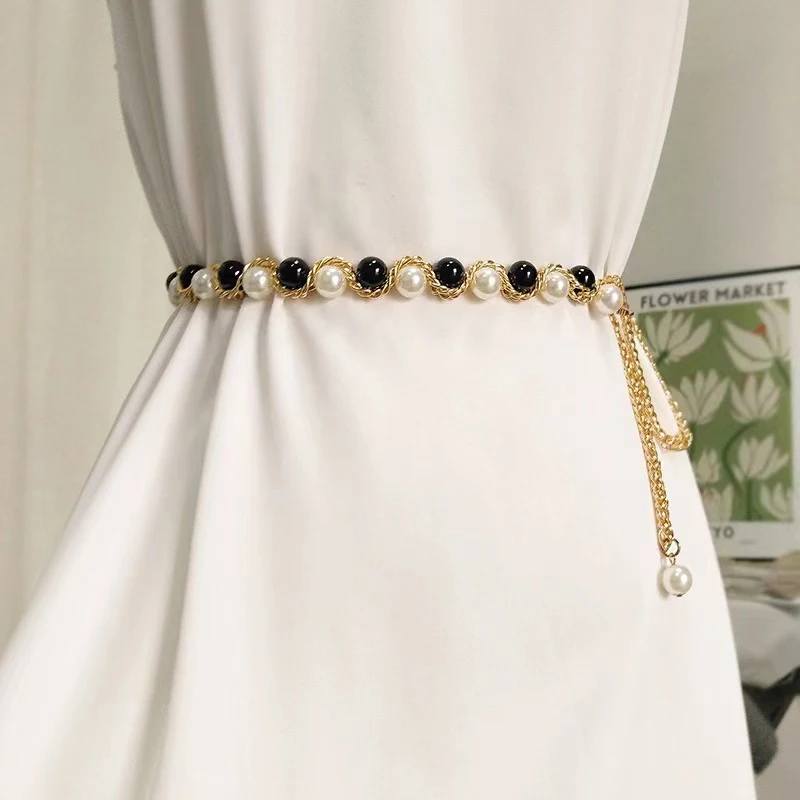 Elegant Women Pearl Belt Waist Chain Elastic Buckle Pearl Chain Belt Female Clothing Accessories