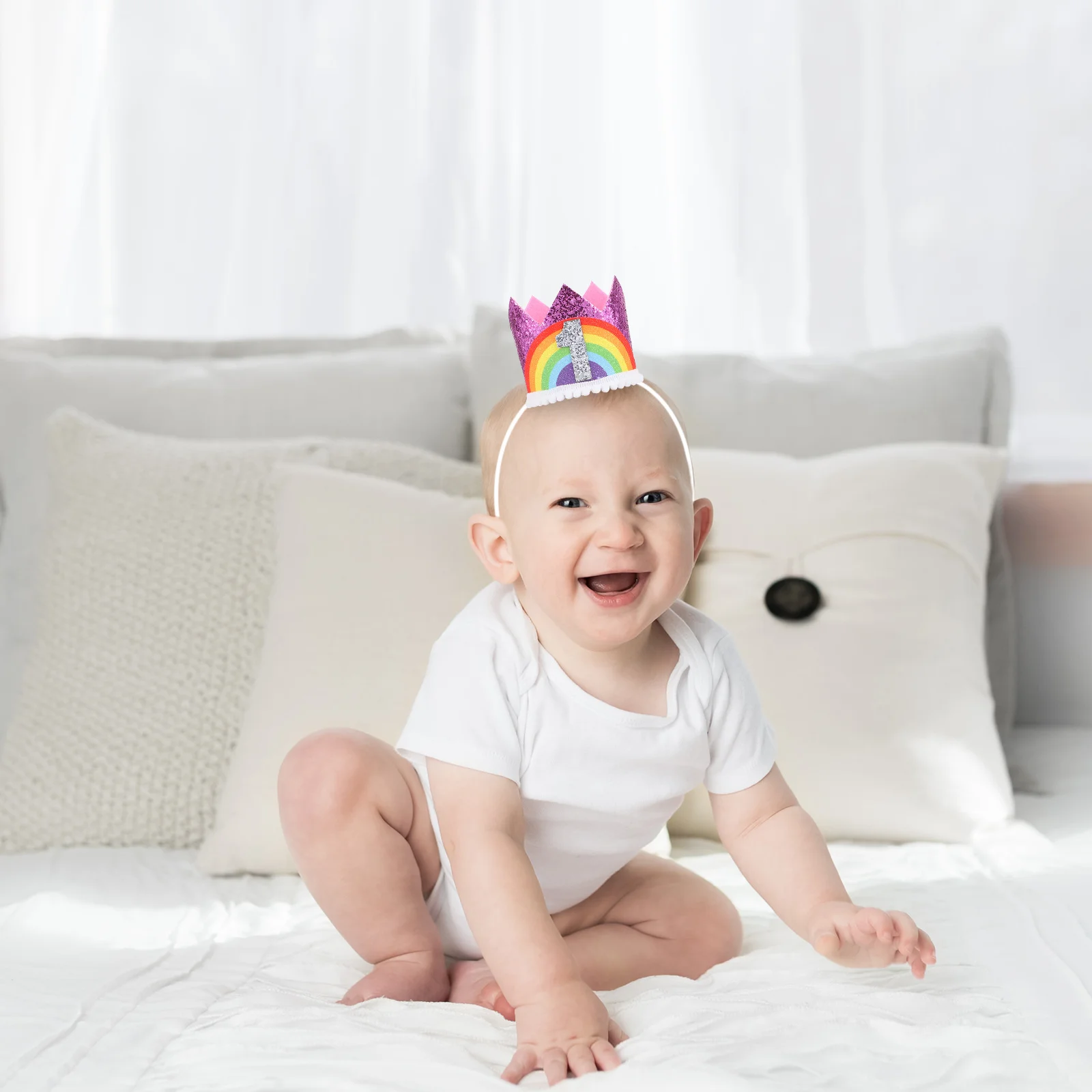 

Kids Rainbow Crown Baby Birthday Party Hairband Durable Handmade Baby Birthday Crown Headwear Lightweight Party Supplies