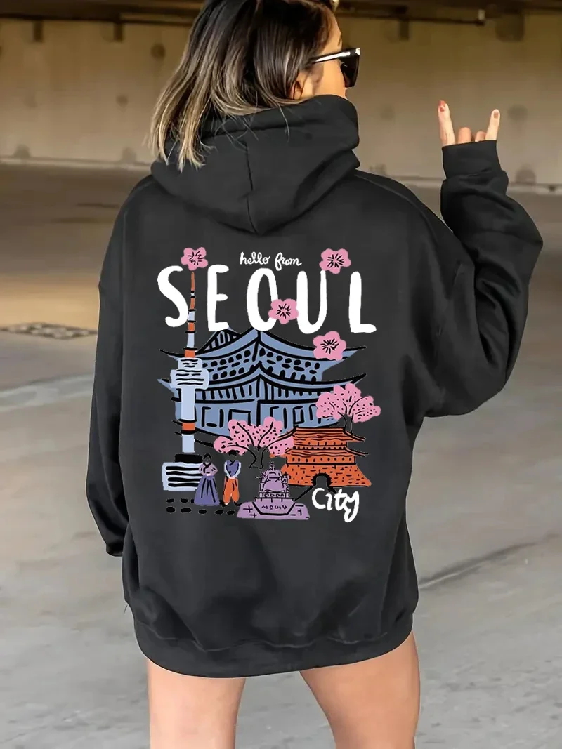 Seoul Beautiful Scenery Printing Womens Hooded Warm Fleece Comfortable Hoodies Simple Soft Hoodie Street Casual Loose Pullover