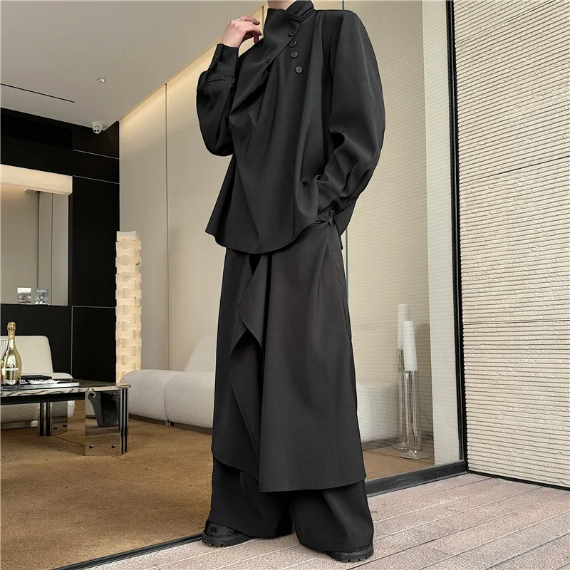 Asymmetric Casual Set for Men Retro Japanese Style Two-Piece Suit Loose Fit Personality Dark Series Trendy Spring Summer Outfit