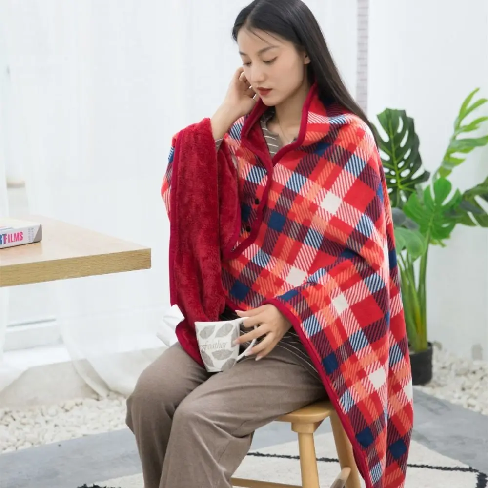 

Lazy Plaid Wearable Blanket Fleece-lined Soft Home Shawl Blanket with Button Polyester Thermal Blanket Outdoor Travel