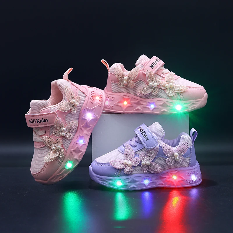 MGO KIDSS Spring and Autumn New Children's Luminous Shoes Light Children's Shoes Butterfly Princess Shoes Student Shoes Girl Run