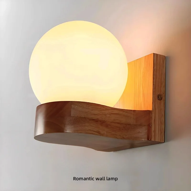 Personality Wooden Wall Lamps Round Glass Ball Bedsides Reading Sconces Entrance Atmosphere Wall Lights Children's Bedroom Cafe